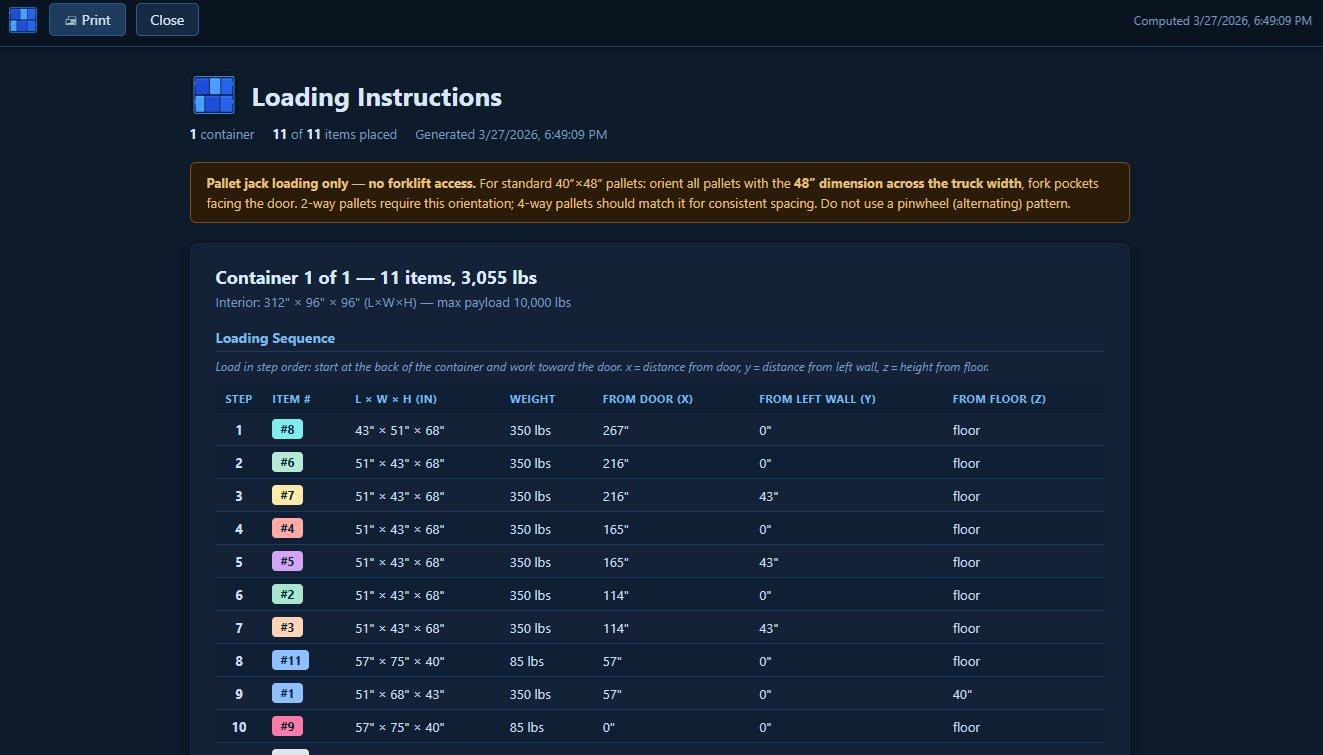 Loading instructions and export options